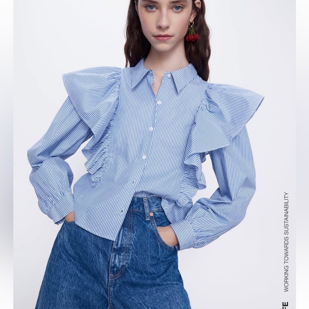 Zara Long Sleeve Stripe Blue White Shirt Ruffles Size XS - Picture 4 of 10
